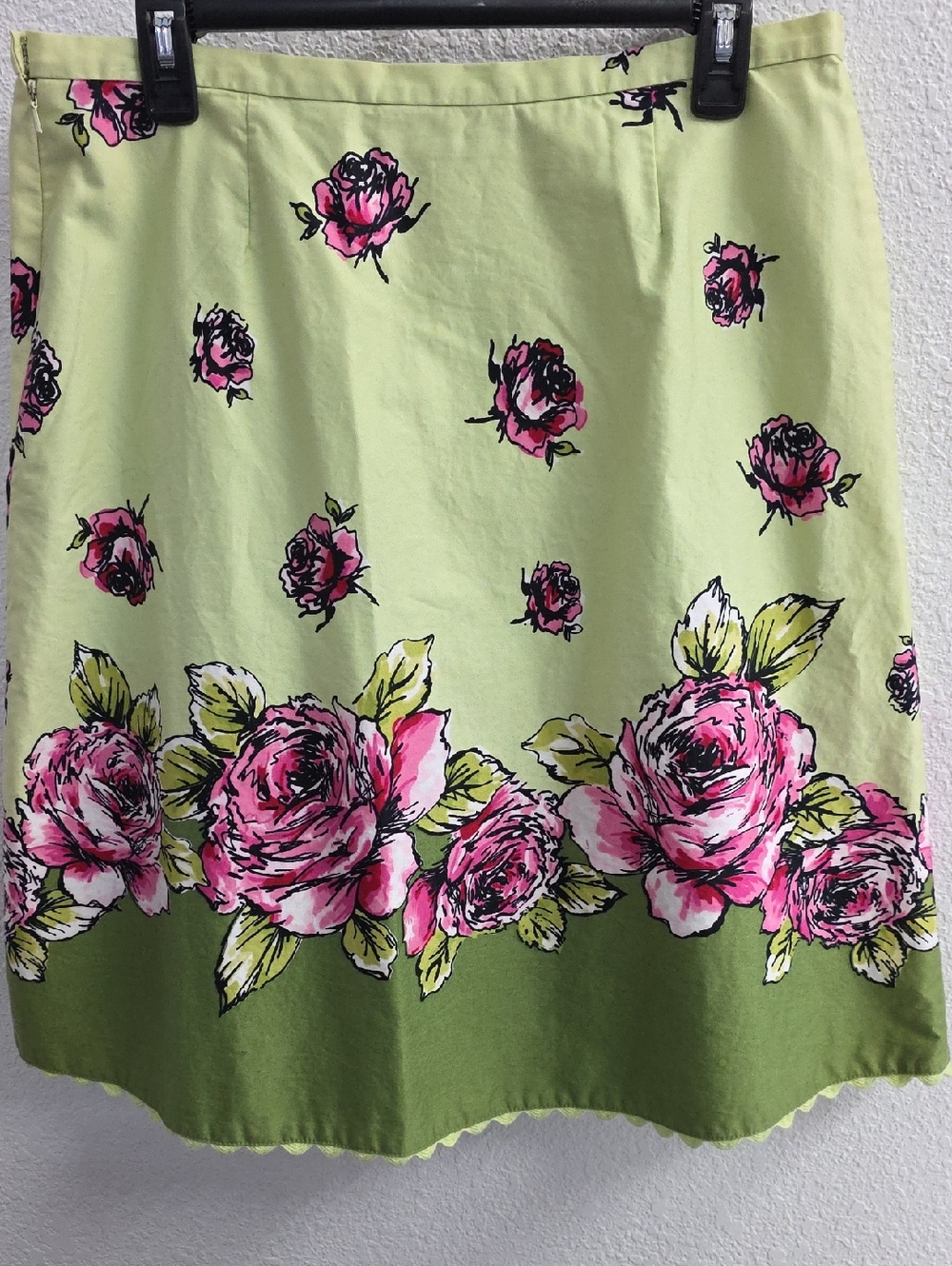 Liz Claiborne Floral A-Line Skirt Green Pink Roses Scallop Hem Gardenparty